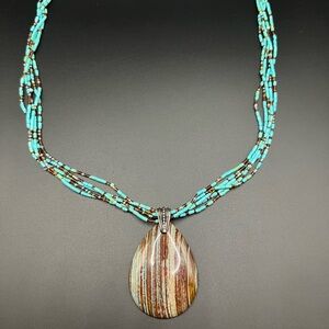 Boho Turquoise Beaded Necklace and Brown Pendant Tribal Natural Beach